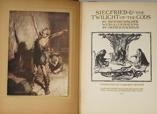 Wagner, Richard - The Ring of the Niblung. 2 vols. (The Rhinegold and The Valkyrie; Siegfried and the Twilight of the Gods). With illustrations by Arthur Rackham. Translated by Margaret Armour. pictorial titles, 64 colou